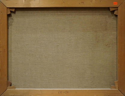 Back of Arrival in the City Hochstein A oil painting canvas with beige backing and wooden frame