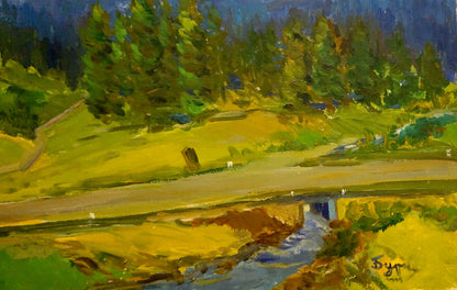 Vibrant impressionist oil painting by Kogan-Shats Matvey Borisovich: winding road through lush green hills under blue sky