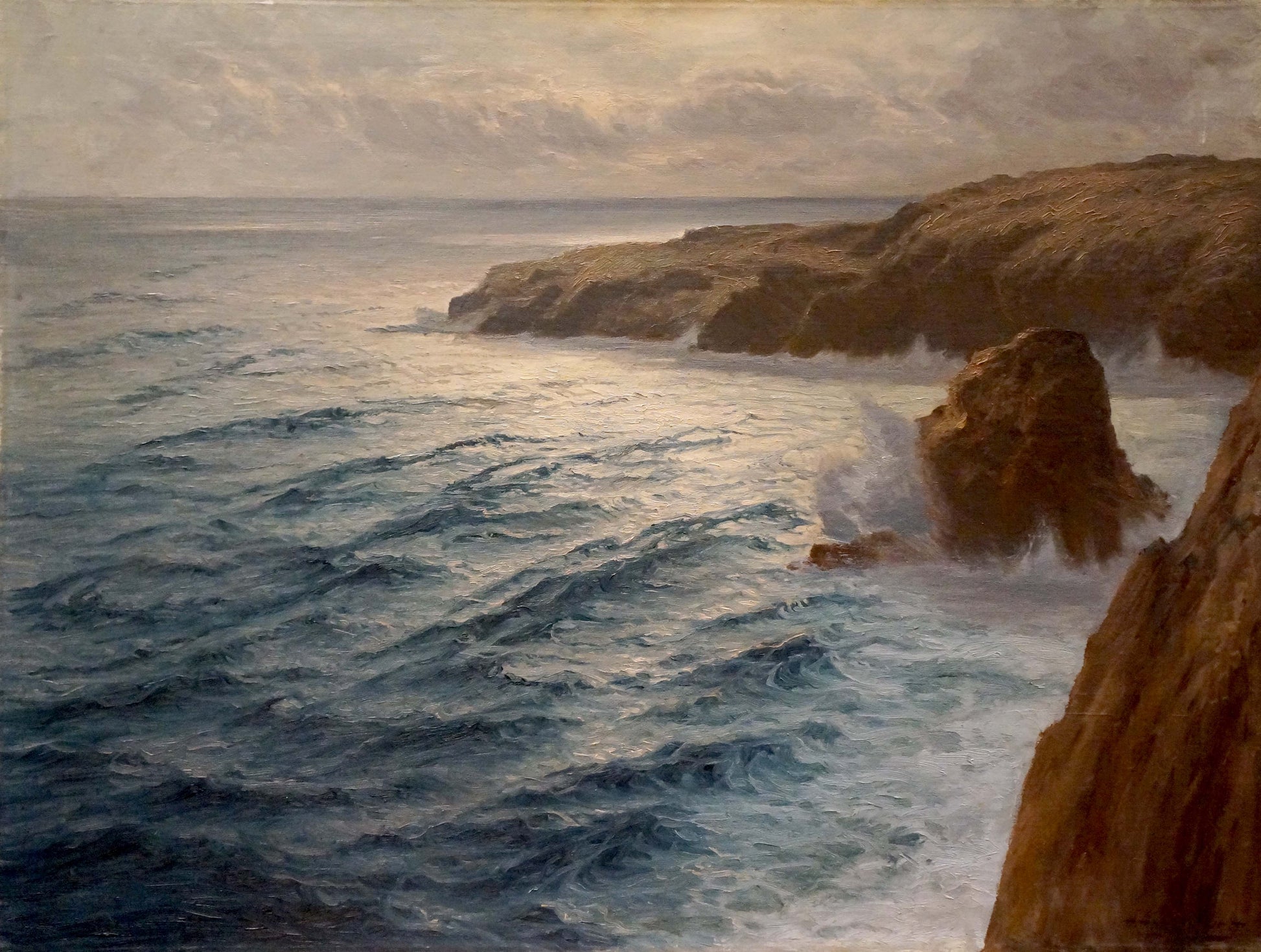 Oil painting The waves beat against the rocks with turbulent waves on cliffs