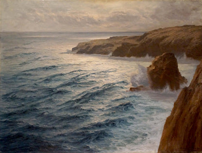 Oil painting The waves beat against the rocks with turbulent waves on cliffs