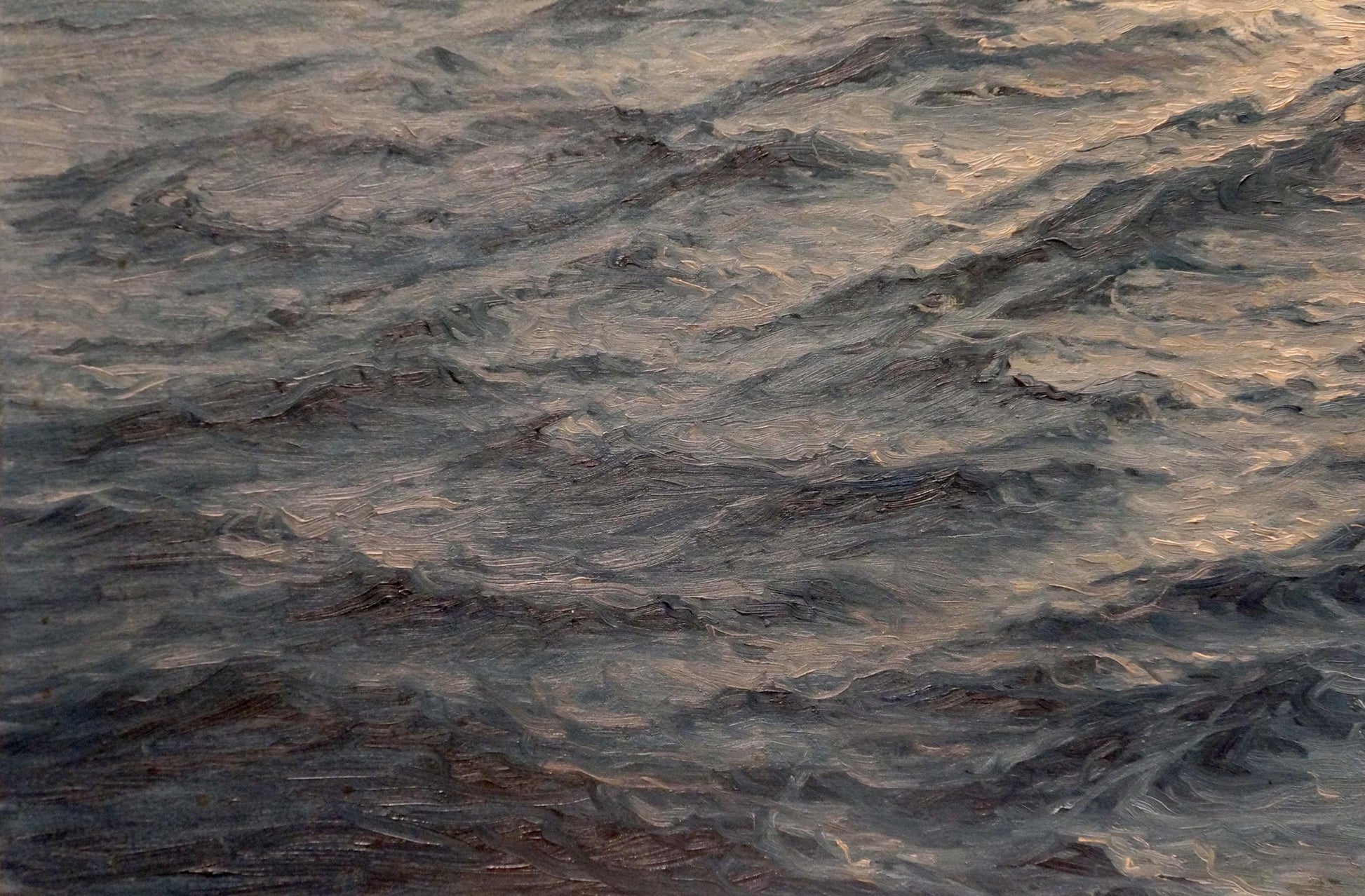 Textured impressionistic oil painting of turbulent waves beating rocks
