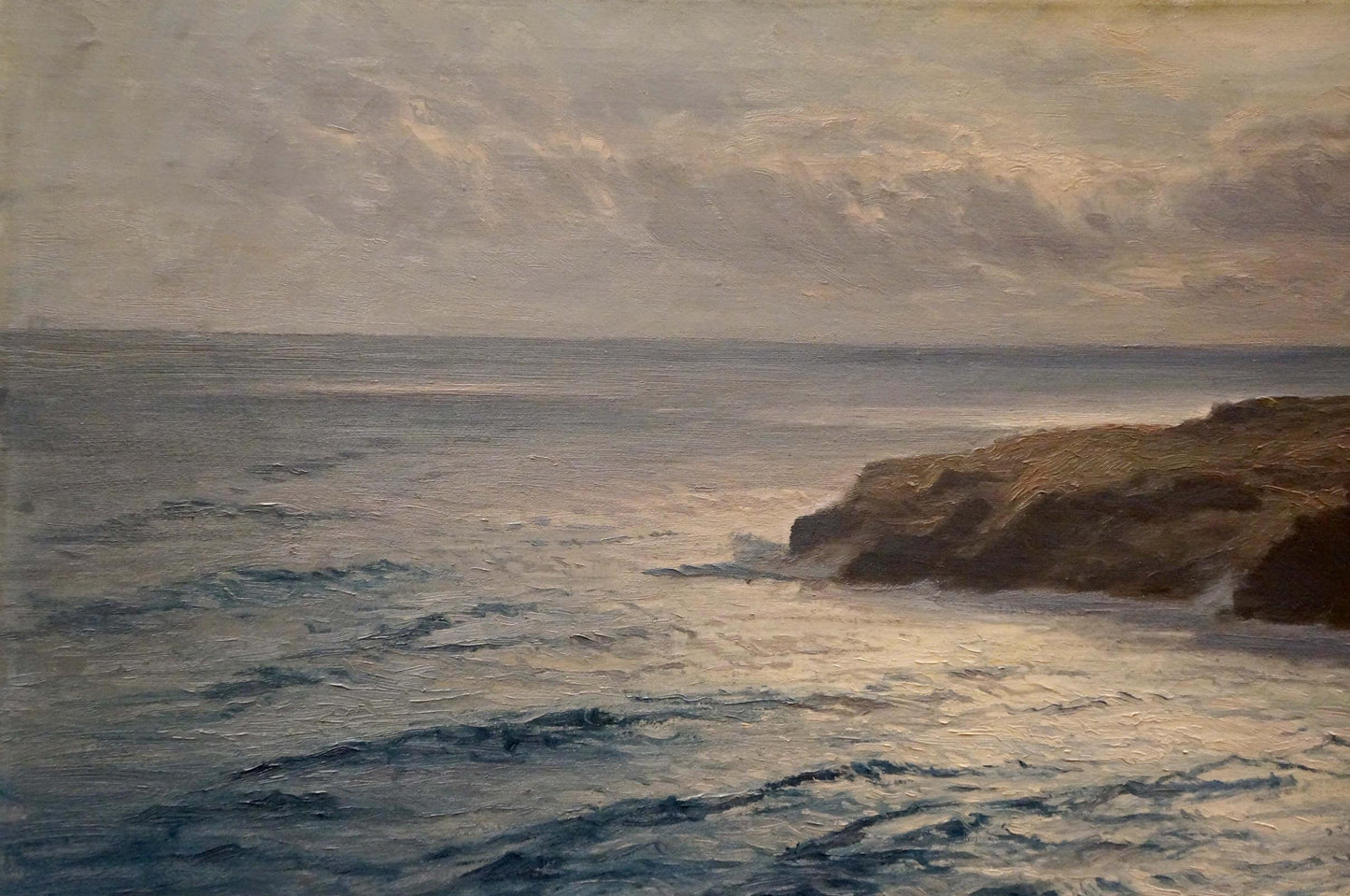 Oil painting of waves beating against rugged coastal cliffs
