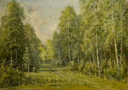 Serene sunlit forest path oil painting by Mikhail Valentinovich Arkhangelsky