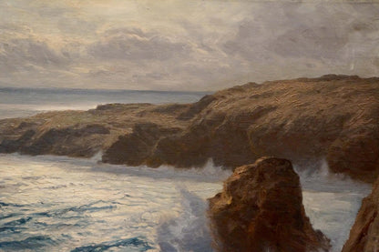 Oil painting of waves beating against rugged brown cliffs and turbulent ocean