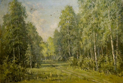 Serene sunlit forest path oil painting by Mikhail Valentinovich Arkhangelsky