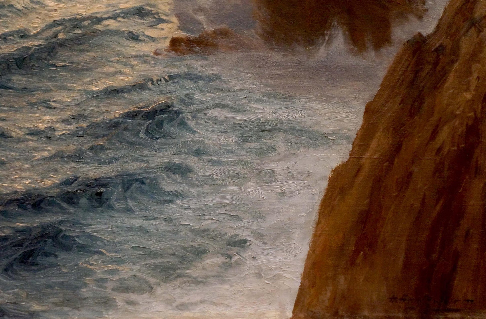 Oil painting of waves beating against textured earthy-brown cliff rocks