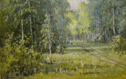 Serene sunlit forest path oil painting by Mikhail Valentinovich Arkhangelsky