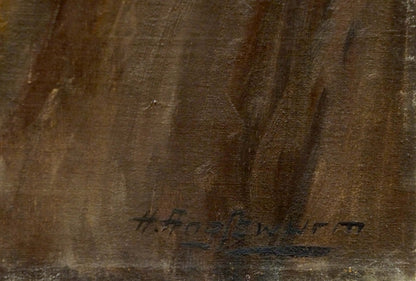 Textured earth-toned oil painting of waves beating rocks with brushstrokes and signature