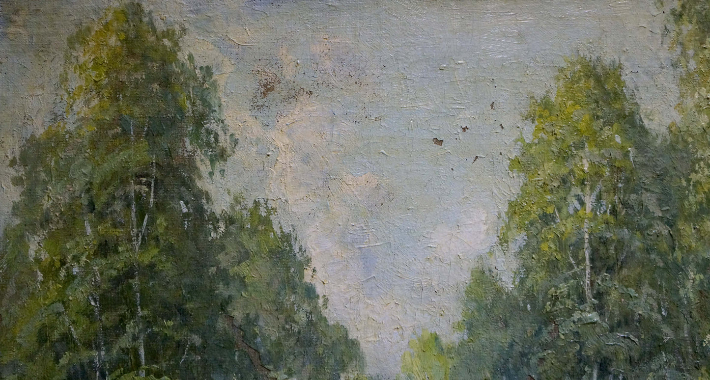 Oil painting of serene forest landscape by Mikhail Valentinovich Arkhangelsky