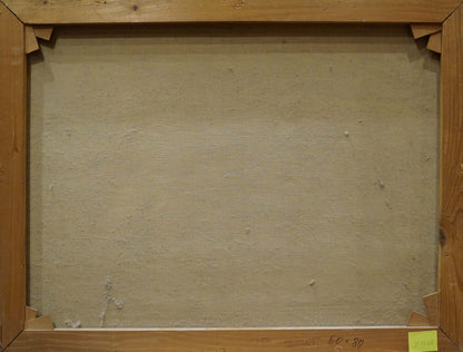 Back of Oil painting The waves beat against the rocks, wooden frame, beige textured canvas