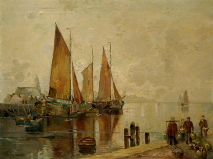 Impressionistic oil painting by V. Jensen of three brown-sailed boats in harbor