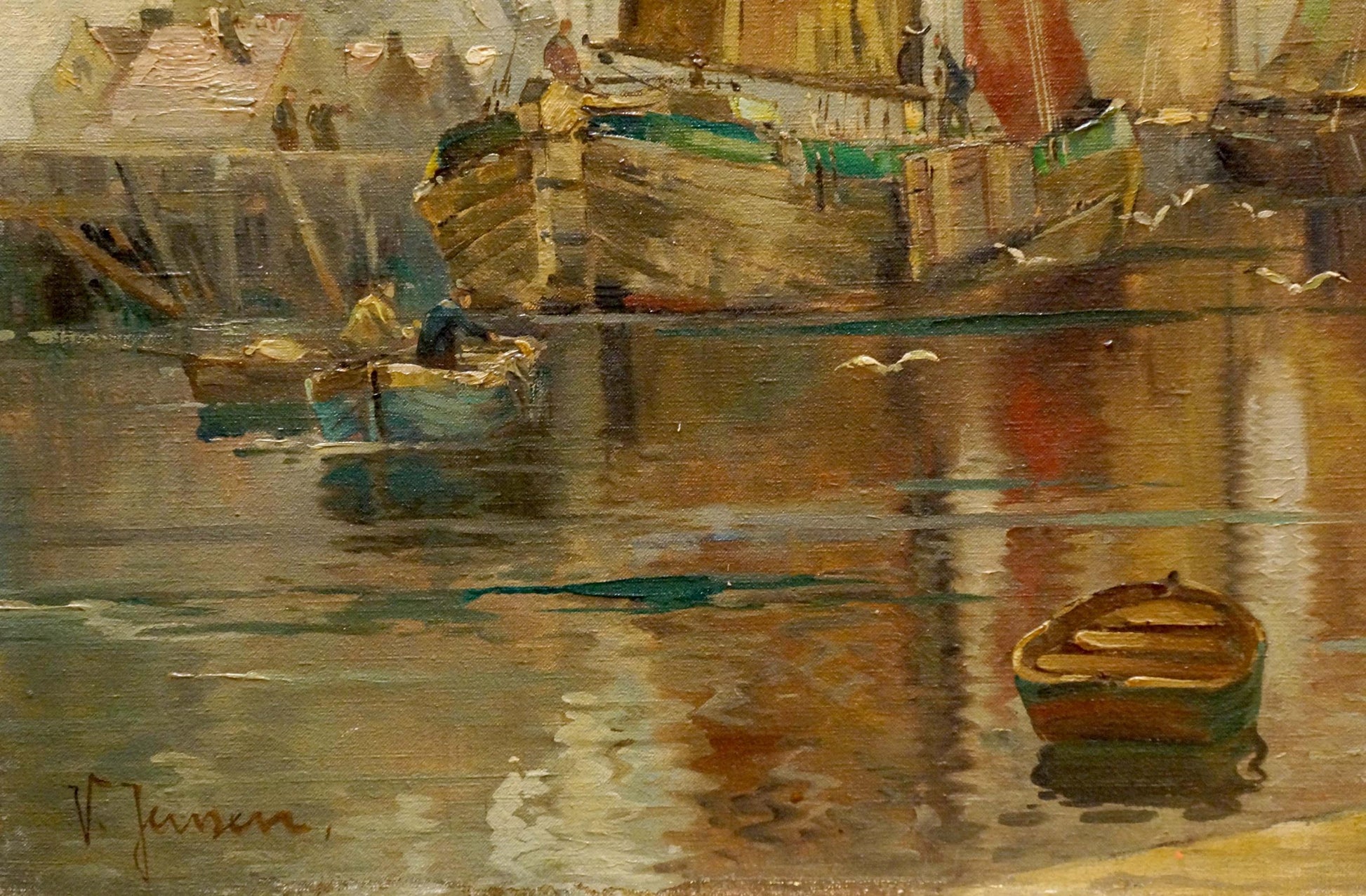 Oil painting of rustic rowboat with green hull on calm water by V. Jensen