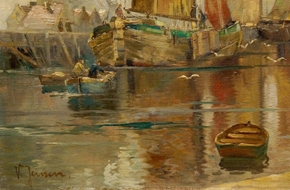 Oil painting of rustic rowboat with green hull on calm water by V. Jensen