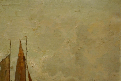 Oil painting The ship arrived in the city V. Jensen textured canvas with brown sails