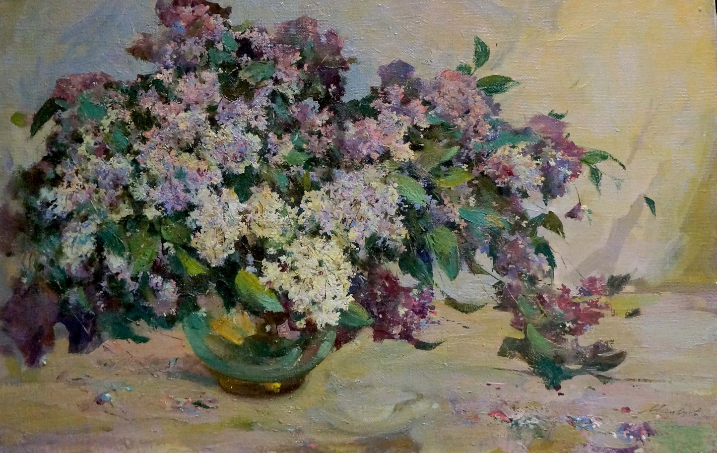 Oil painting of lilac bouquet in green vase by Maltsev Nikolay Alexandrovich