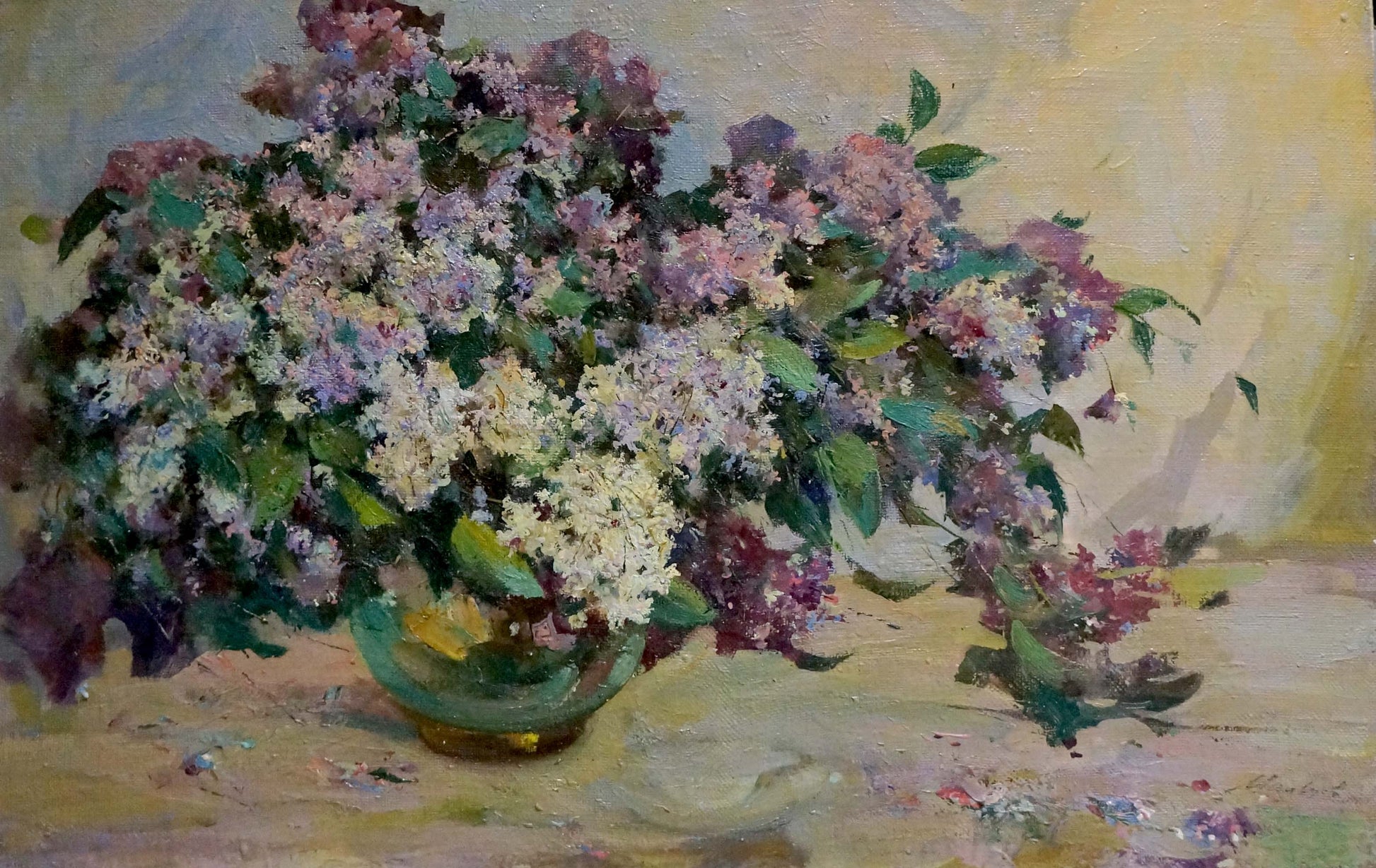 Oil painting of lilac bouquet in green vase by Maltsev Nikolay Alexandrovich