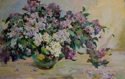 Oil painting of lilac bouquet in green vase by Maltsev Nikolay Alexandrovich