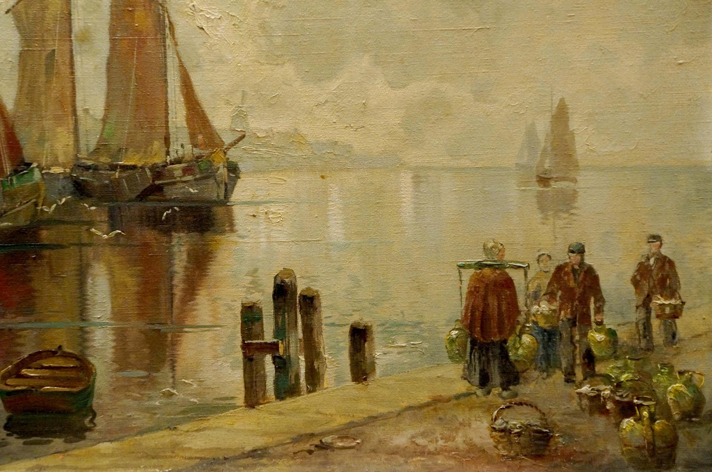 Vintage oil painting by V. Jensen: harbor with sailboats, pilings, figures with green jugs