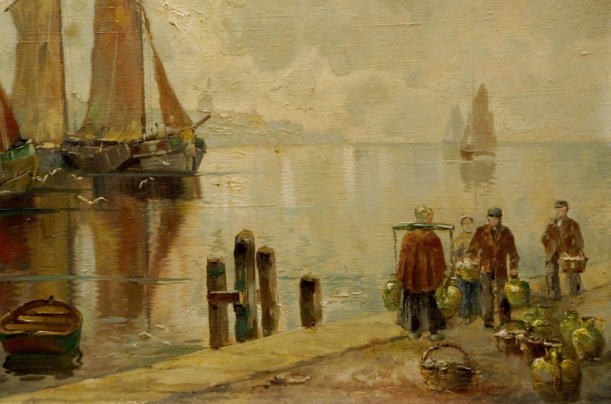 Vintage oil painting by V. Jensen: harbor with sailboats, pilings, figures with green jugs