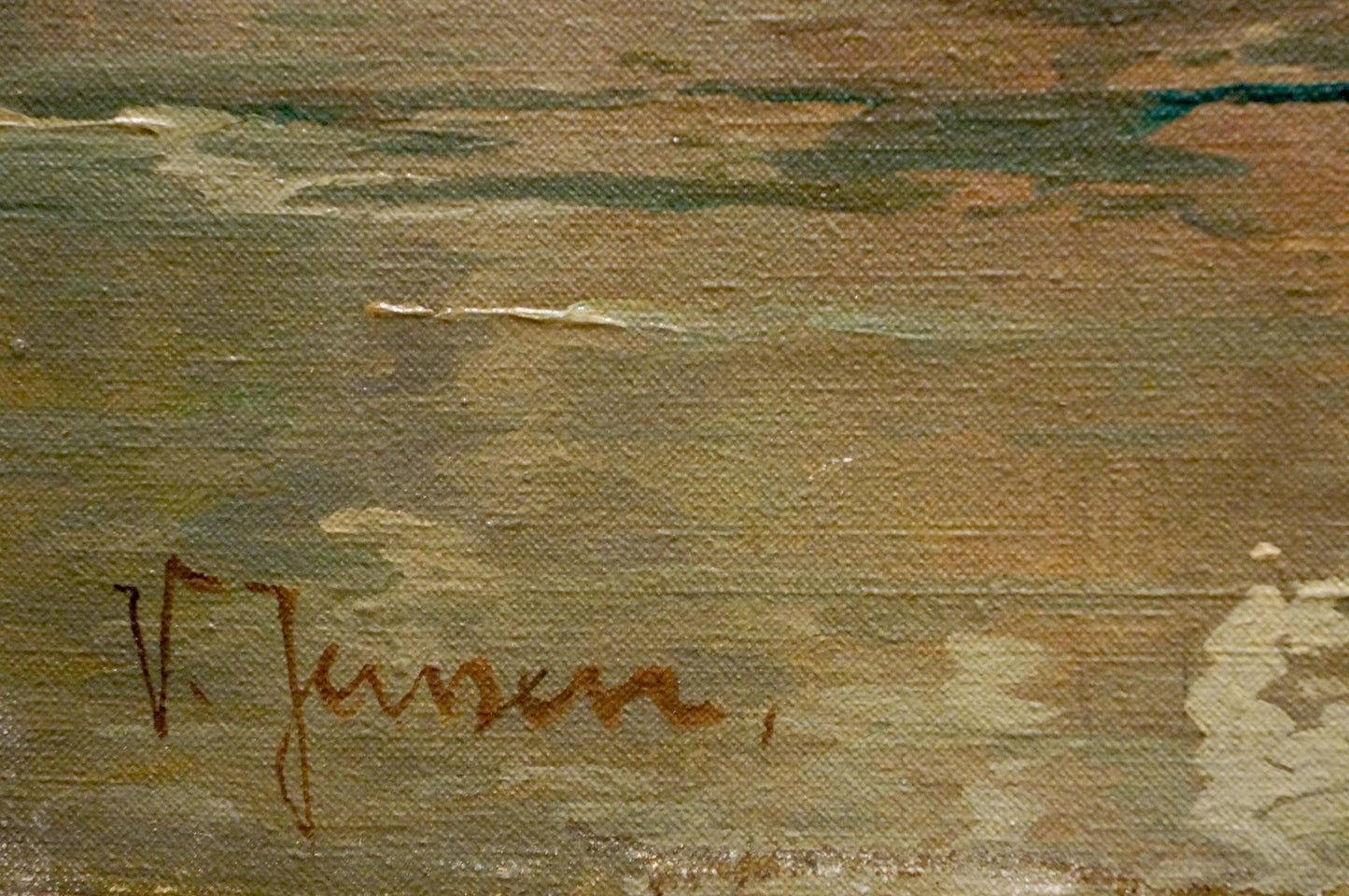 Brown cursive signature v. on back of V. Jensen oil painting The ship arrived in the city