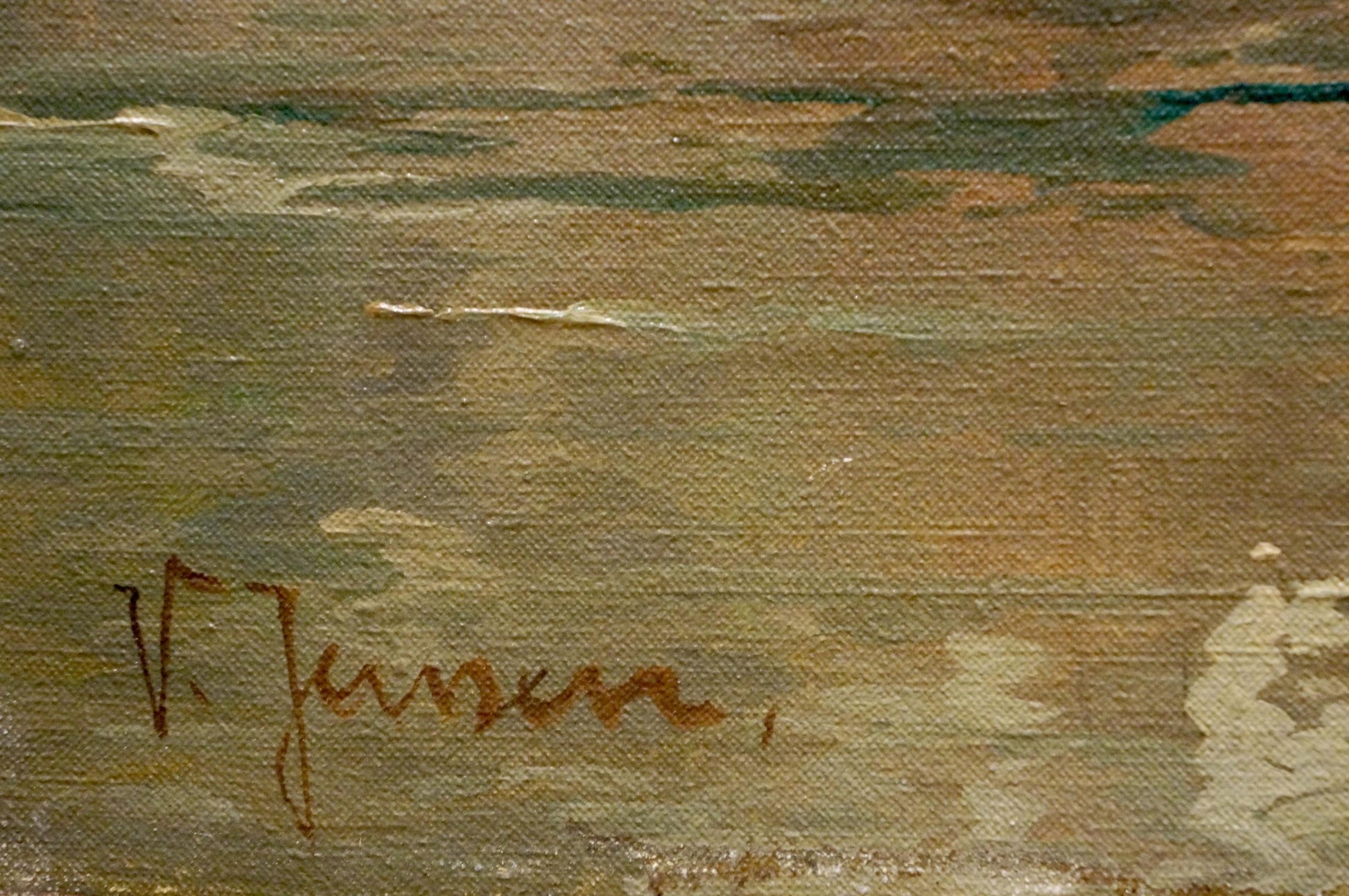 Brown cursive signature v. on back of V. Jensen oil painting The ship arrived in the city
