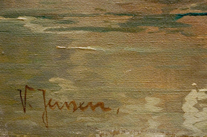 Brown cursive signature v. on back of V. Jensen oil painting The ship arrived in the city