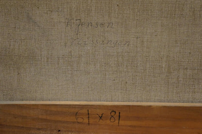 Back of Oil painting The ship arrived in the city V. Jensen with signatures