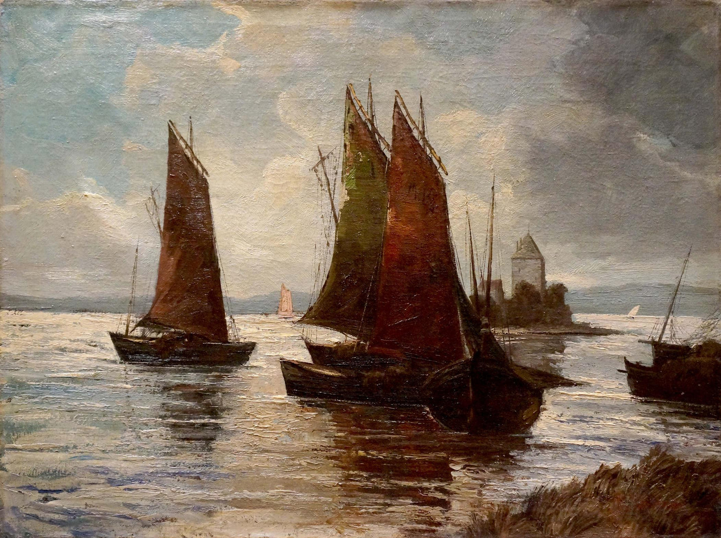 Vintage oil painting Fleet of ships Woseker A with 3 sailboats on calm waterway