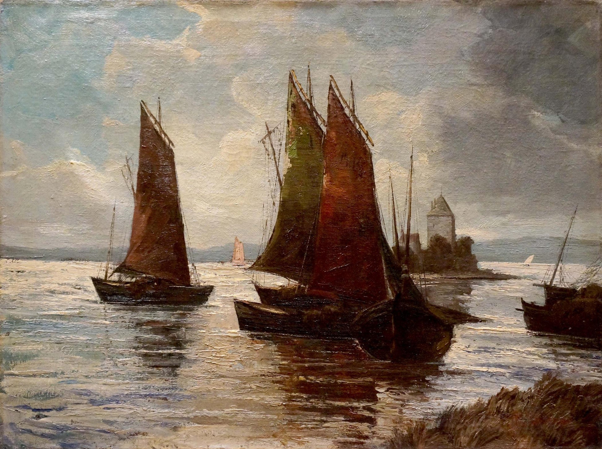Vintage oil painting Fleet of ships Woseker A with 3 sailboats on calm waterway