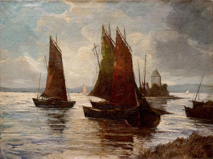 Vintage oil painting Fleet of ships Woseker A with 3 sailboats on calm waterway