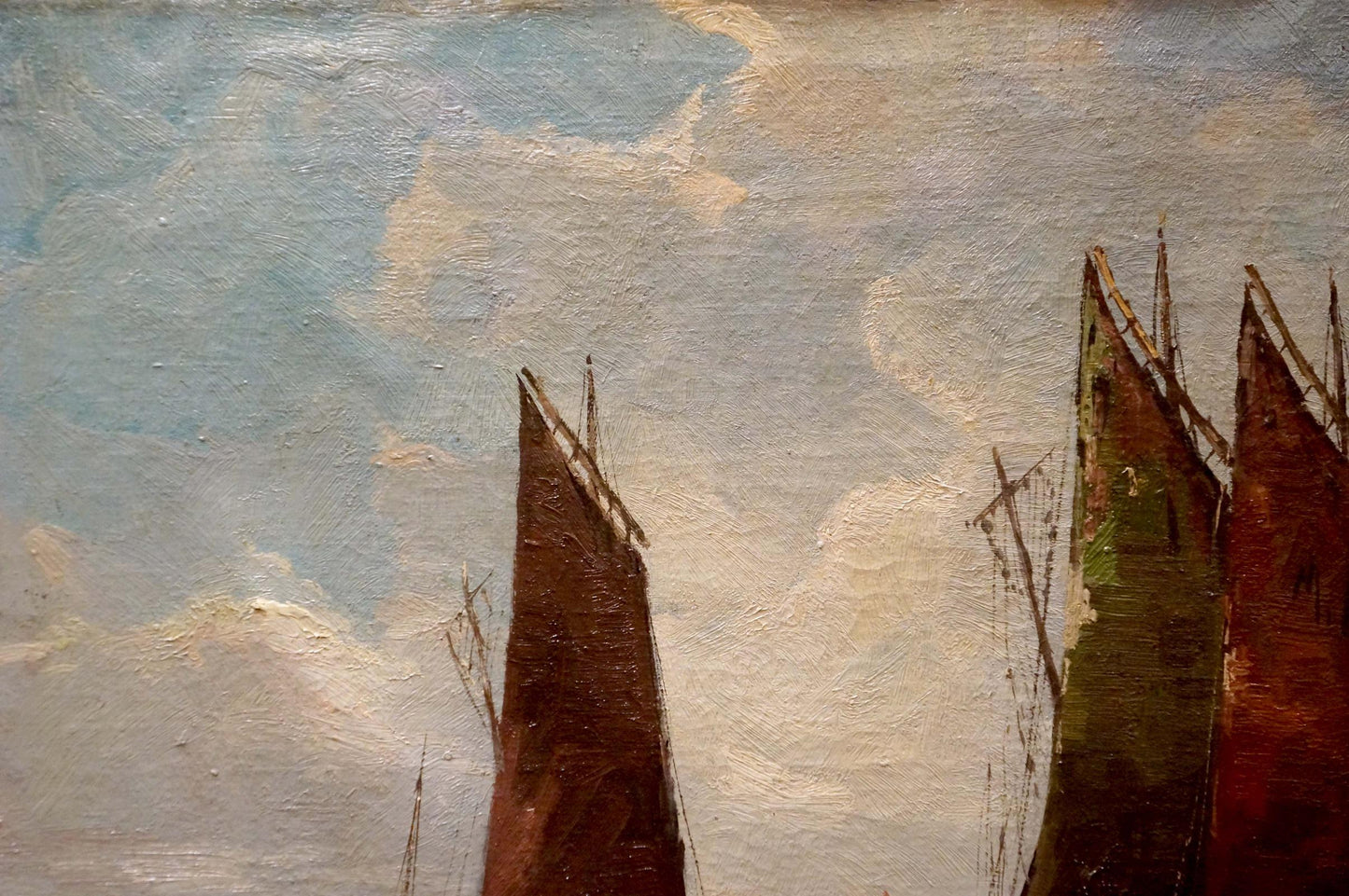 Oil painting Fleet of ships Woseker A with tall dark sails against cloudy sky