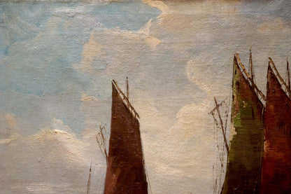 Oil painting Fleet of ships Woseker A with tall dark sails against cloudy sky