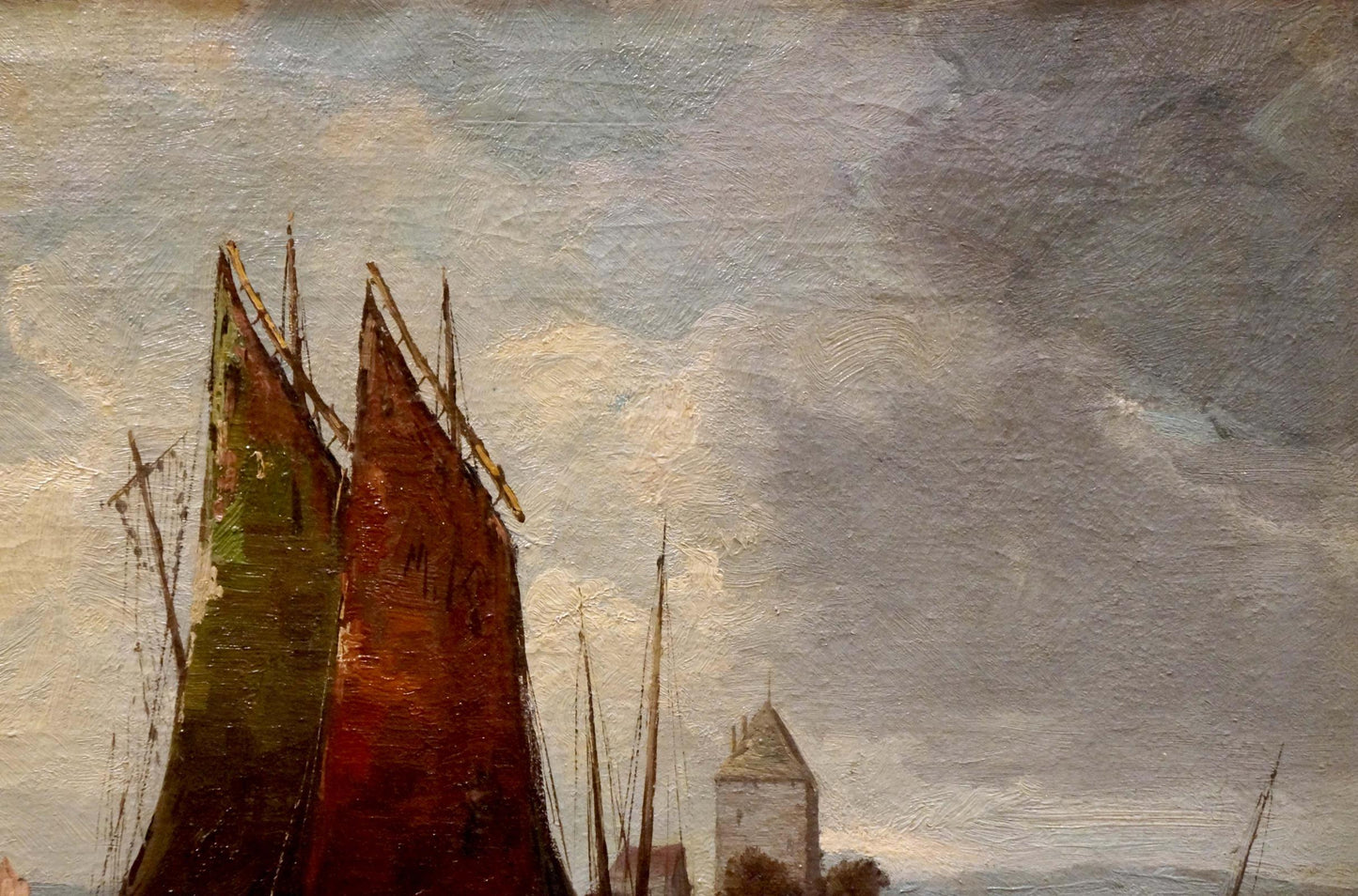 Impressionistic oil painting Fleet of ships Woseker A with tall red and green triangular sails