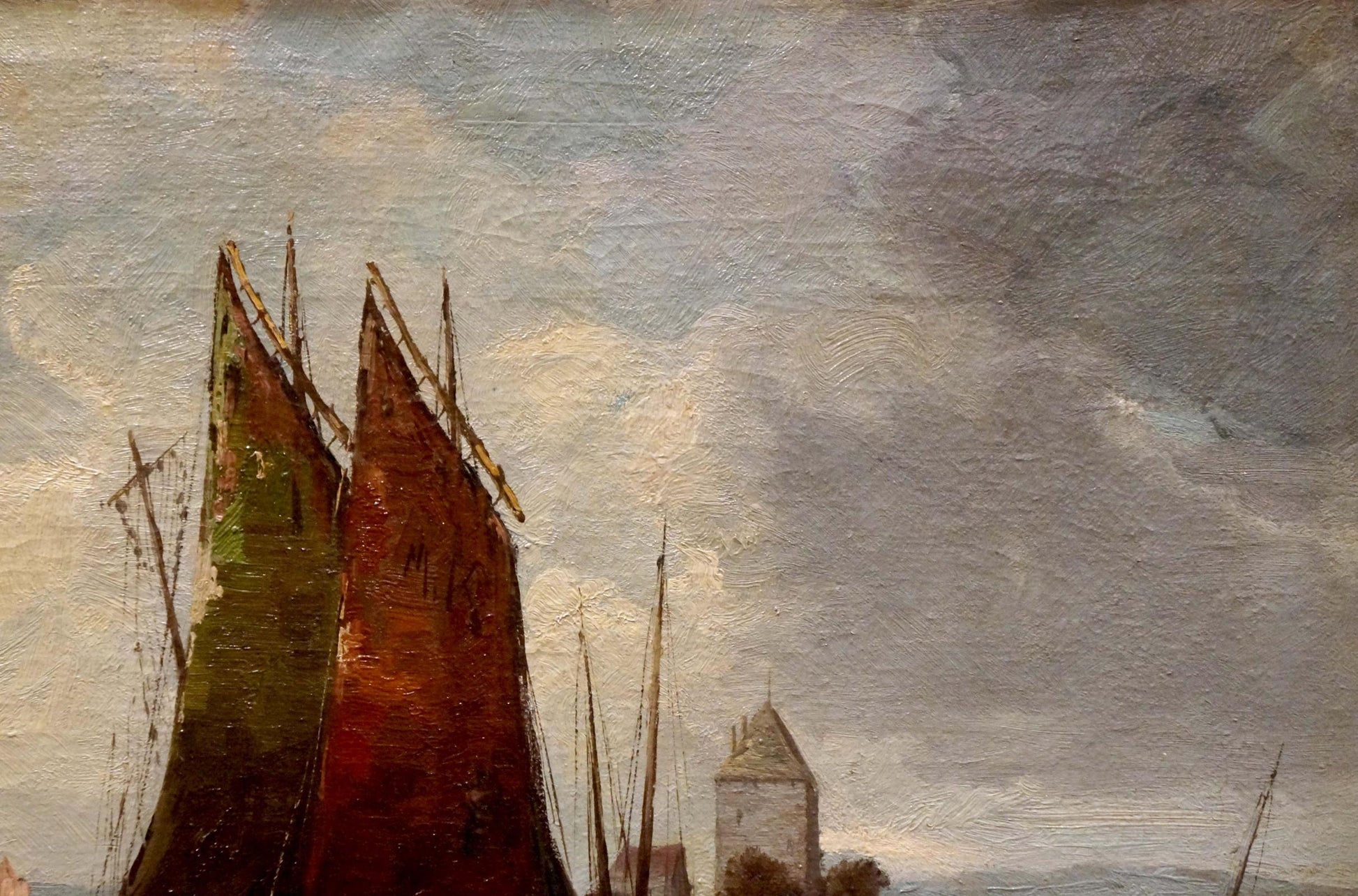 Impressionistic oil painting Fleet of ships Woseker A with tall red and green triangular sails