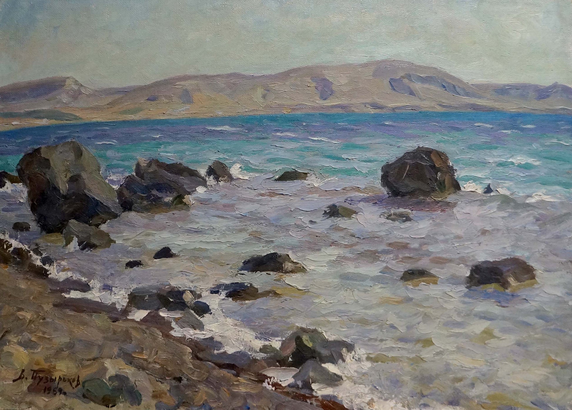 Oil painting by the sea by Puzyrkov Viktor Grigorievich, crashing turquoise waves on rugged rocks