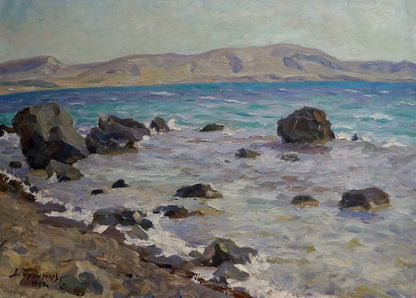 Oil painting by the sea by Puzyrkov Viktor Grigorievich, crashing turquoise waves on rugged rocks