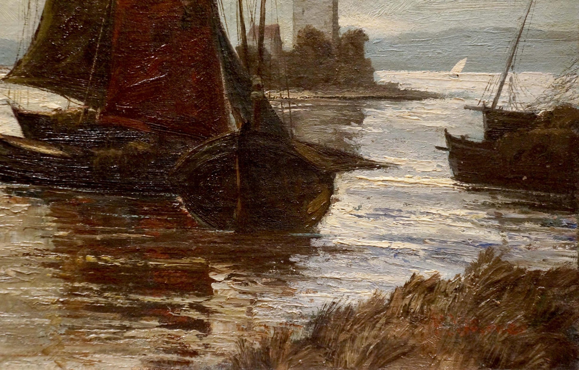 Oil painting Fleet of Ships Woseker A: dark-hulled sailboat in calm waters