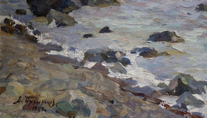 Textured oil painting of turbulent waves crashing on rocks by Puzyrkov Viktor Grigorievich