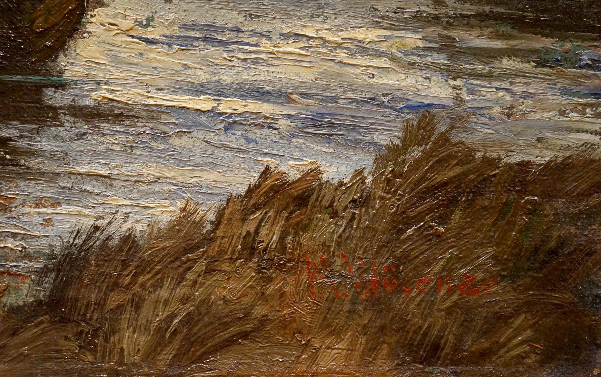 Oil painting Fleet of ships Woseker A with golden-brown grasses and gray sky