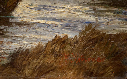 Oil painting Fleet of ships Woseker A with golden-brown grasses and gray sky