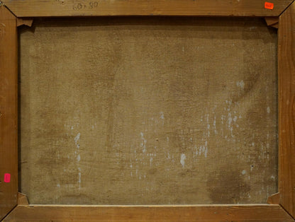 Back of Oil painting Fleet of ships Woseker A with aged linen and wear