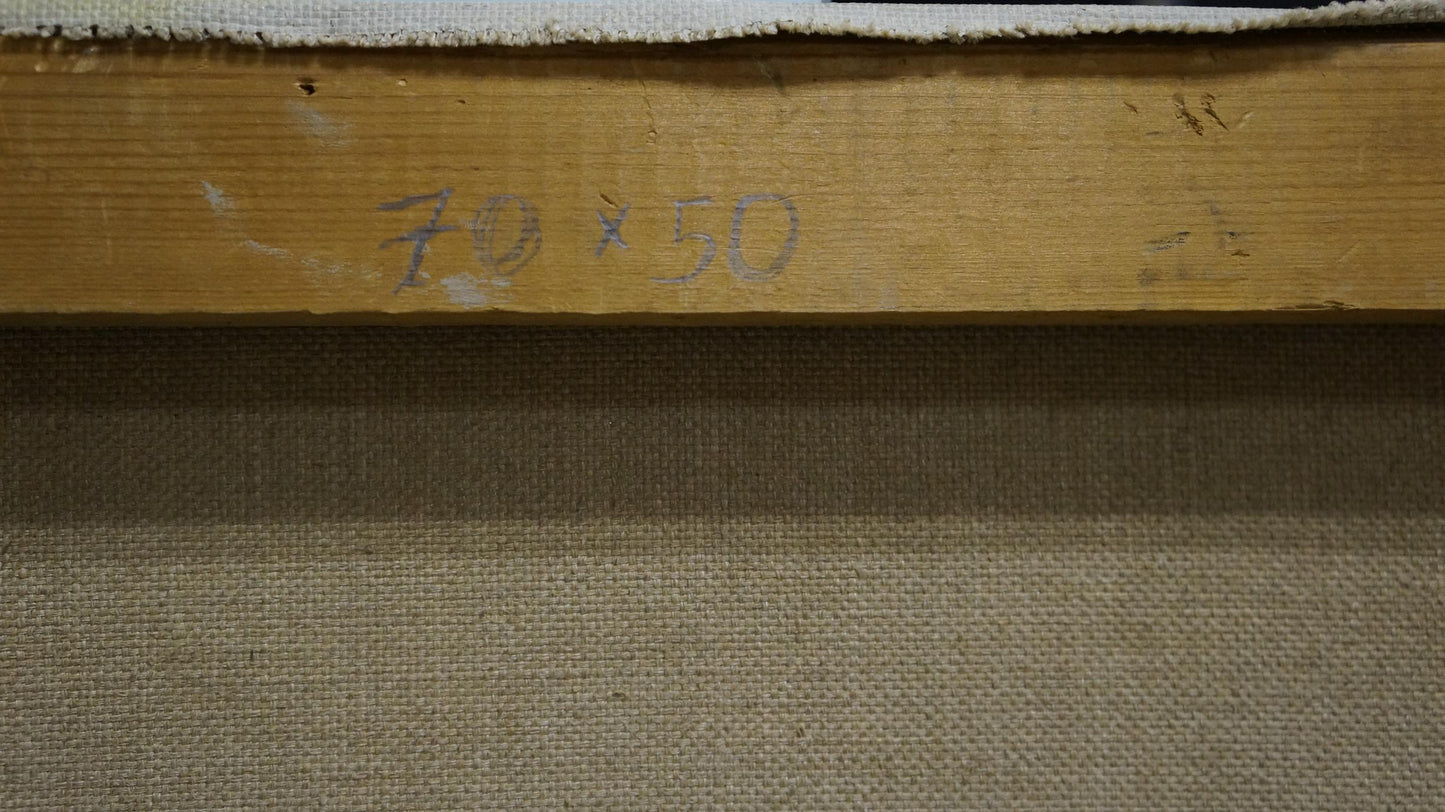 Back of Oil painting By the Sea by Puzyrkov: light brown wooden stretcher bar with faded graphite dimension markings