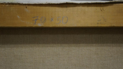 Back of Oil painting By the Sea by Puzyrkov: light brown wooden stretcher bar with faded graphite dimension markings