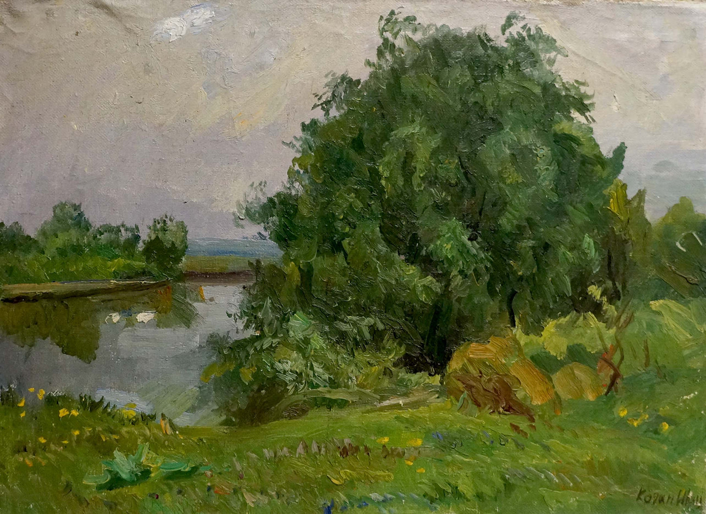 Oil painting Natural silence by Kogan-Shats Matvey Borisovich, lush tree in pastoral landscape