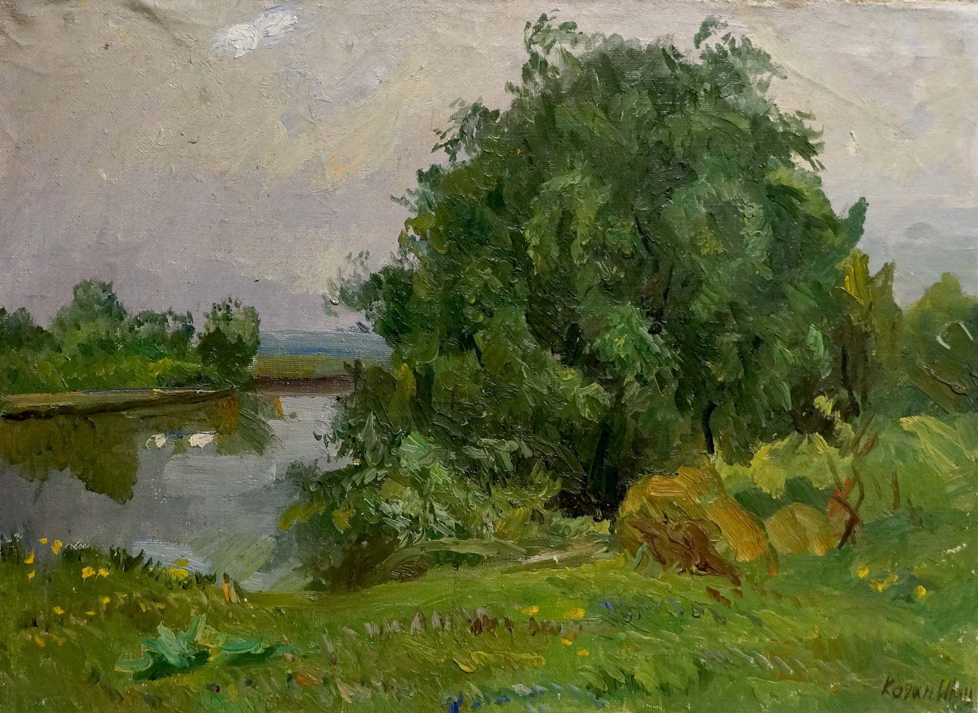 Oil painting Natural silence by Kogan-Shats Matvey Borisovich, lush tree in pastoral landscape