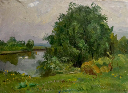 Oil painting Natural silence by Kogan-Shats Matvey Borisovich, lush tree in pastoral landscape