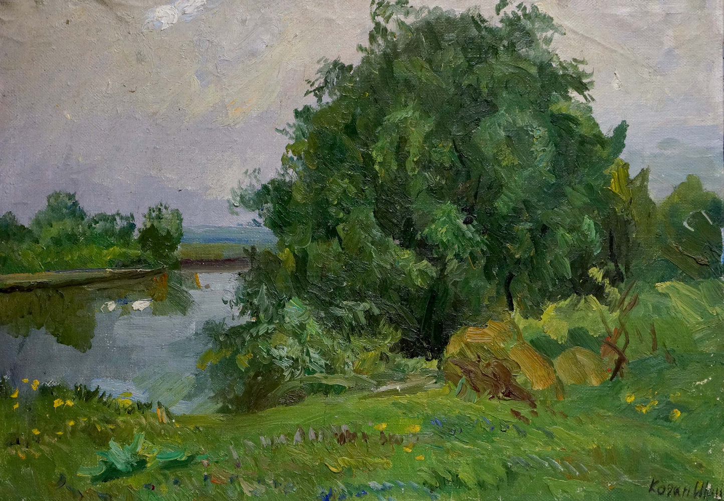 Oil painting Natural Silence by Kogan-Shats Matvey Borisovich lush tree by river