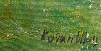 Back of Oil painting Natural silence Kogan-Shats Matvey Borisovich with kozani ulku signature on green canvas