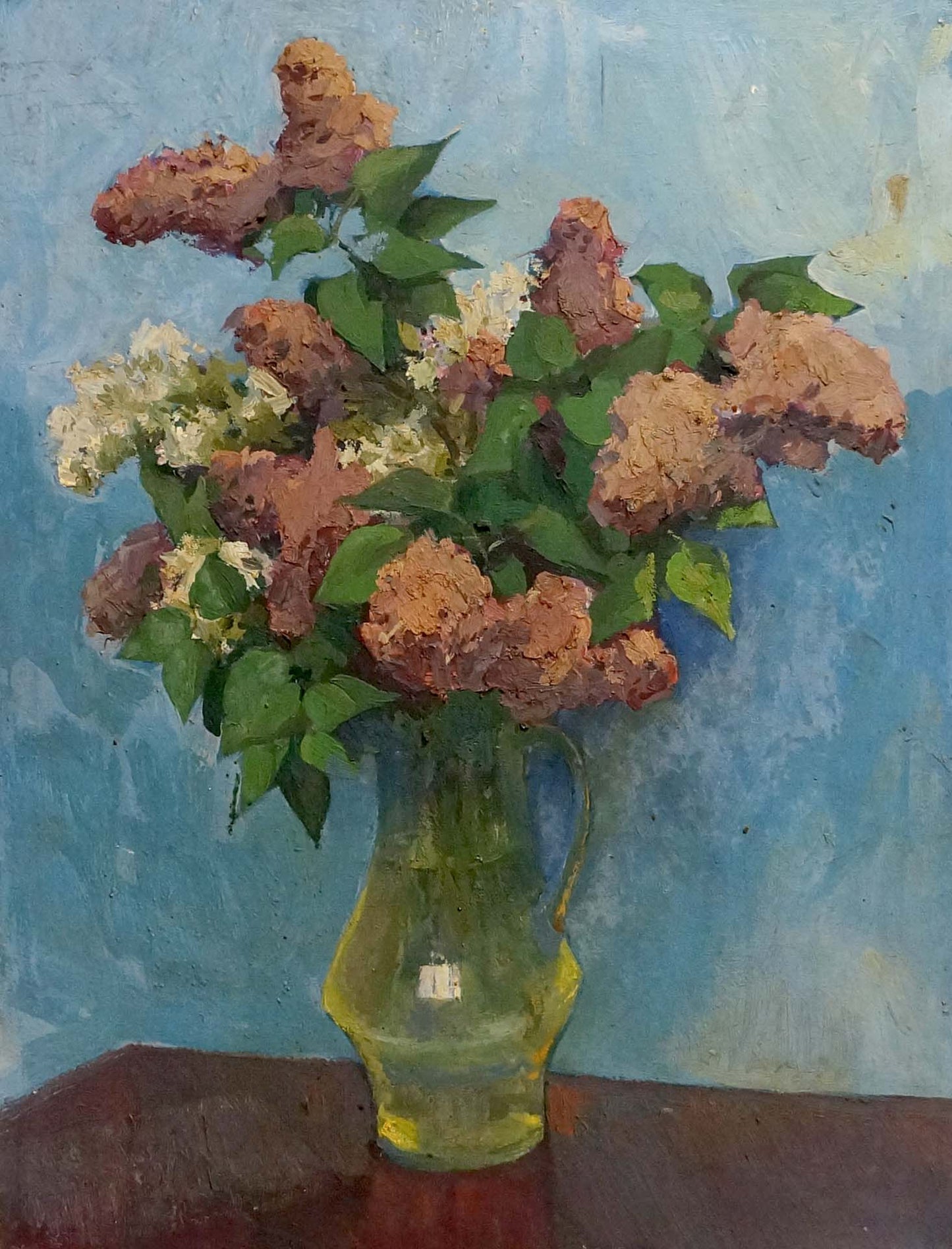 Oil painting of lilac bouquet in green pitcher on blue background