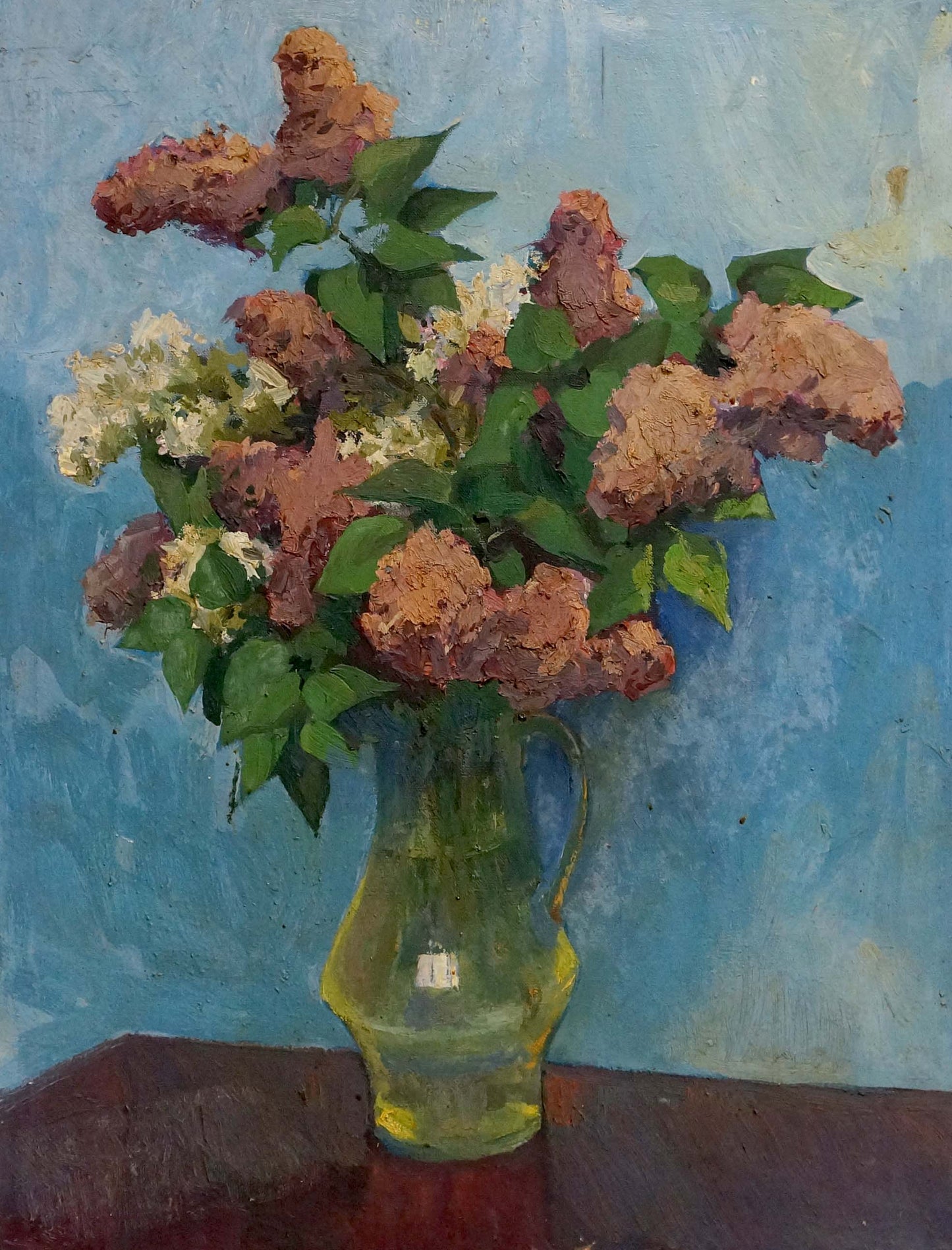 Oil painting of vibrant lilac bouquet in green glass pitcher on blue background